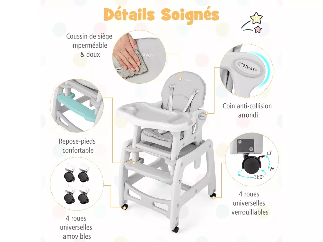 3 en 1 Chaise Haute Bébé Convertible avec Plateau Réglable, Chaise d'Alimentation Bébé avec Dossier à 3 Niveaux, Coussin de Siège, Harnais 5 Points, Charge 20KG, 6-36 Mois Gris