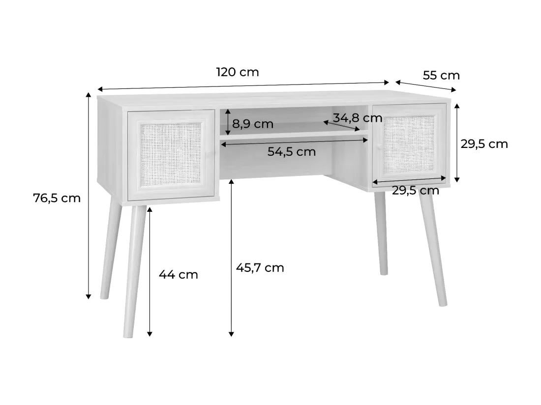 Bureau cannage et décor bois avec 2 portes. 1 casier ouvert. pieds compas