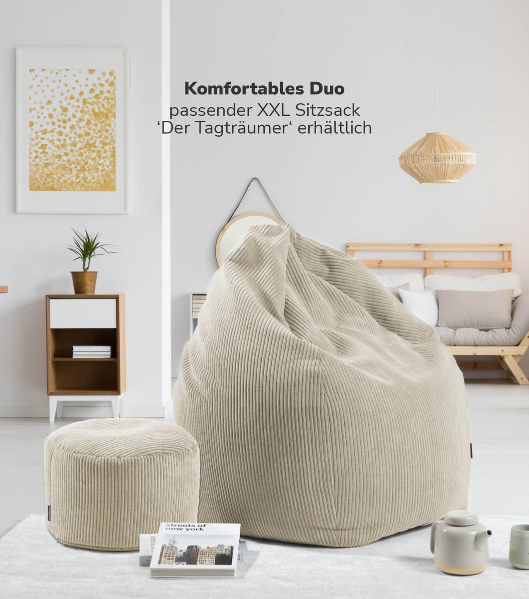 mokebo poef of kruk van corduroy 'The Lazy Spring', voetenbankje in beige met EPS-korrelvulling