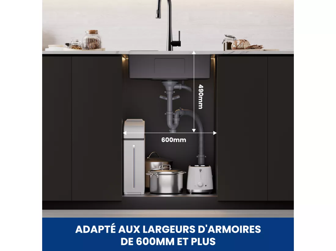 Évier Cuisine 1 Bac 60×45×18CM Évier Inox Noir avec Panier de Drainage + Mitigeur de Cuisine en Inox Noir étoilé avec Bec Haut et Incurvé