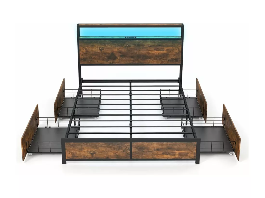 Cadre de Lit 140x200CM pour Adulte avec Éclairage LED et 2 Ports & Prise de Courantet, Sommier à Latte en Métal avec 4 Tiroirs à roulettes, Mode Musique, Lit Simple Double pour Chambre