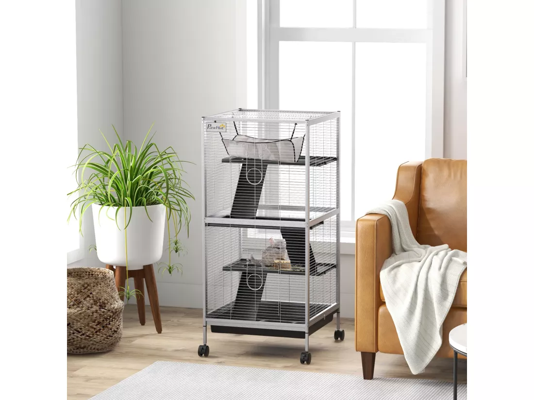 Cage pour petits animaux portable avec 2 portes hamac métal PP 52 x 52 x 113,5 cm blanc