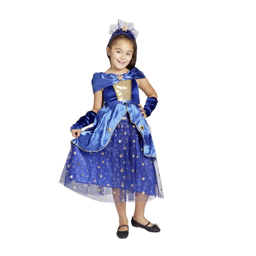 Déguisement fille 4/6 ans robe de magicienne bleue serre tête et gants
