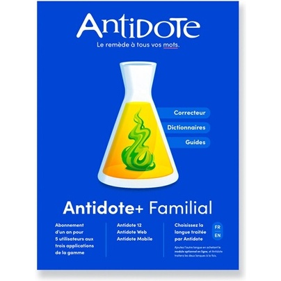 Logiciel Druide Antidote+ Familial - Antidote 12 + Antidote Web + Antidote Mobile - francais ou anglais - PC ou Mac - 1 an - Correcteur grammatical et dictionnaires