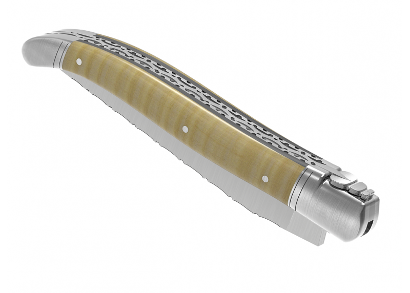 Couteau Laguiole prestige avec un manche en érable onde et mitres en acier inoxydable