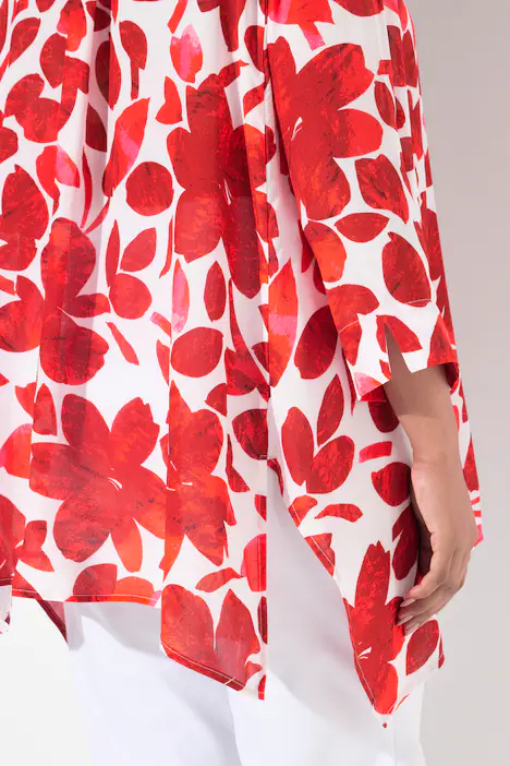 Bluse, Blüten, Zipfelsaum, Hemdkragen, 3/4-Arm, paprikarot