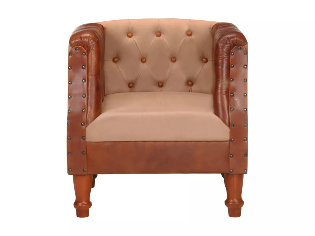Fauteuil Marron Cuir véritable et bois de manguier massif