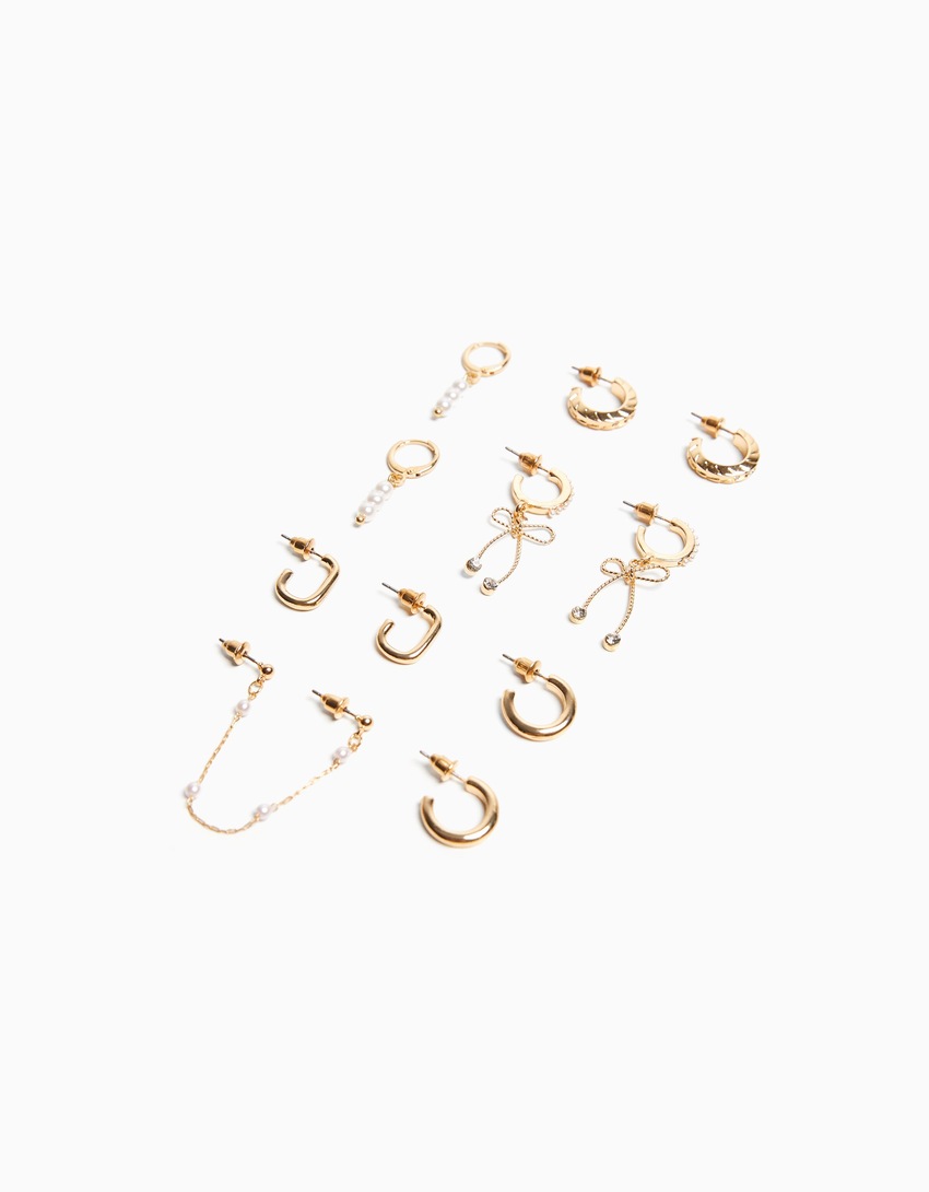 Conjunto de 6 brincos de argola com laço e pérolas artificiais