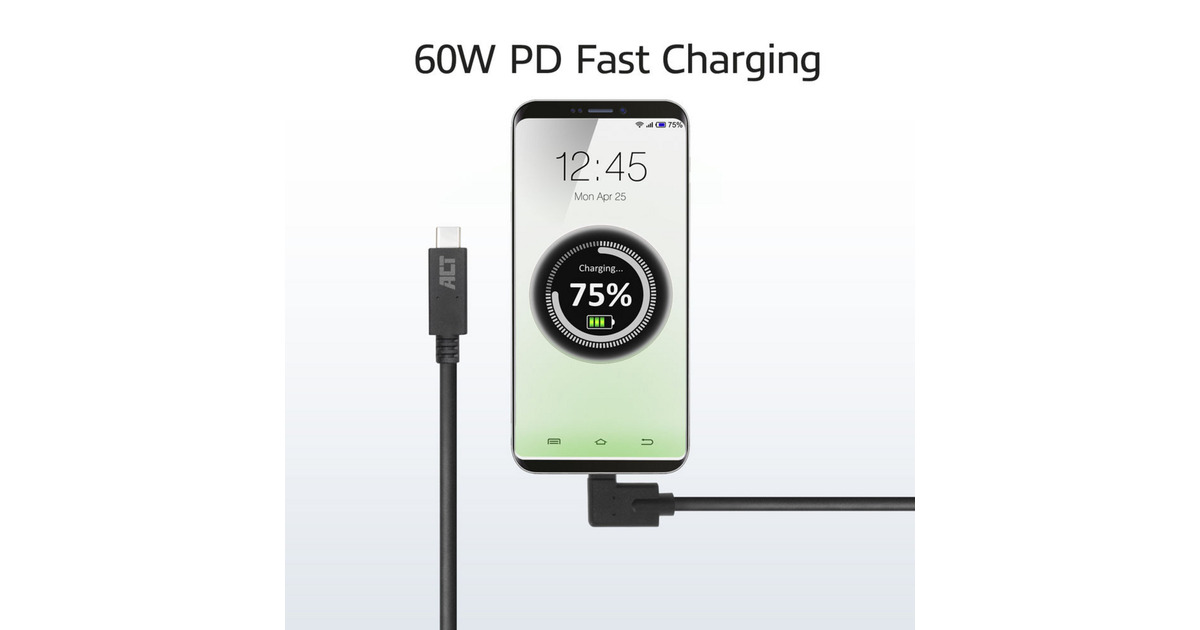 ACT ConnectivityUSB 3.2 USB-C (recht) naar USB-C (links/rechts haaks) kabel  (Zwart, 5 Gbit/s, 60W, 1 meter)