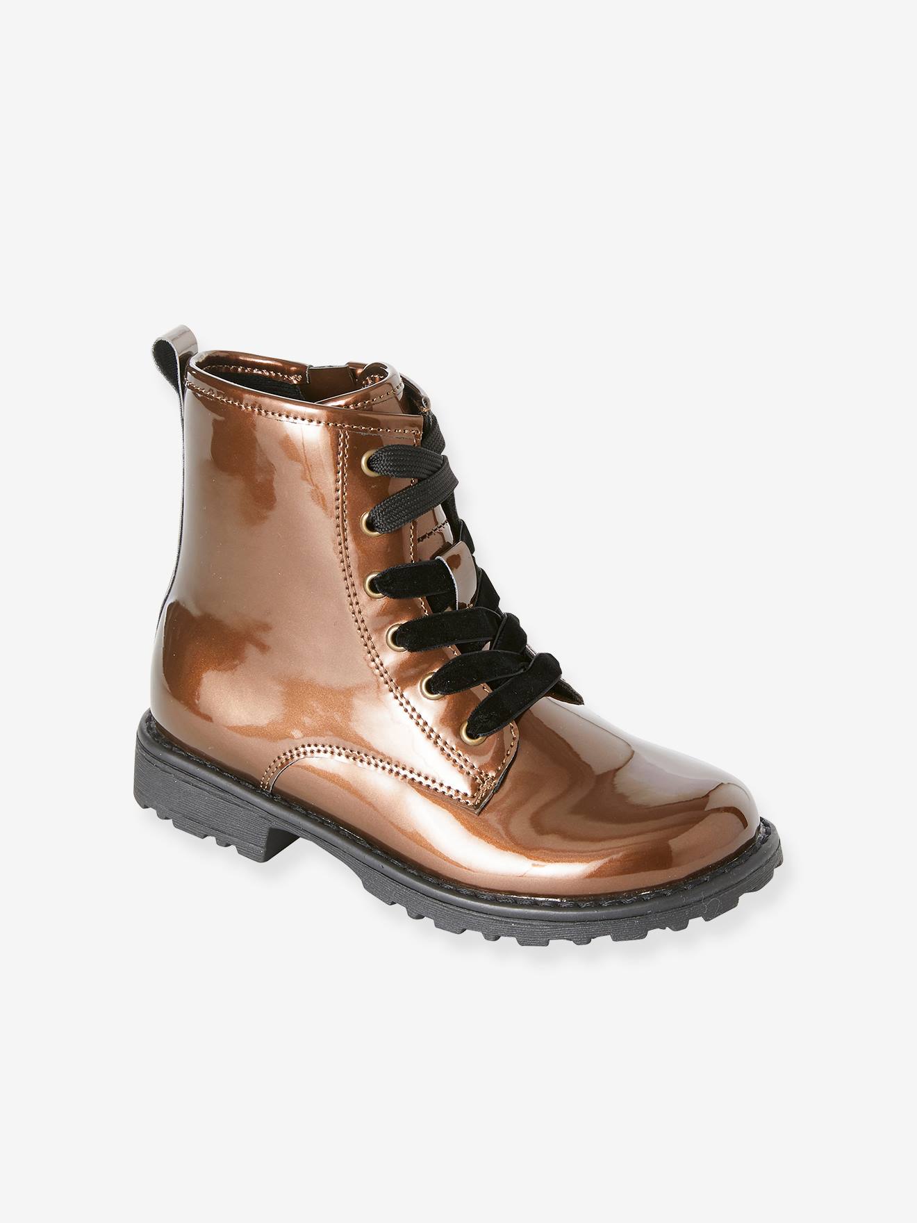 Botas de cano curto com cadarço para meninas, estampa roxa escura