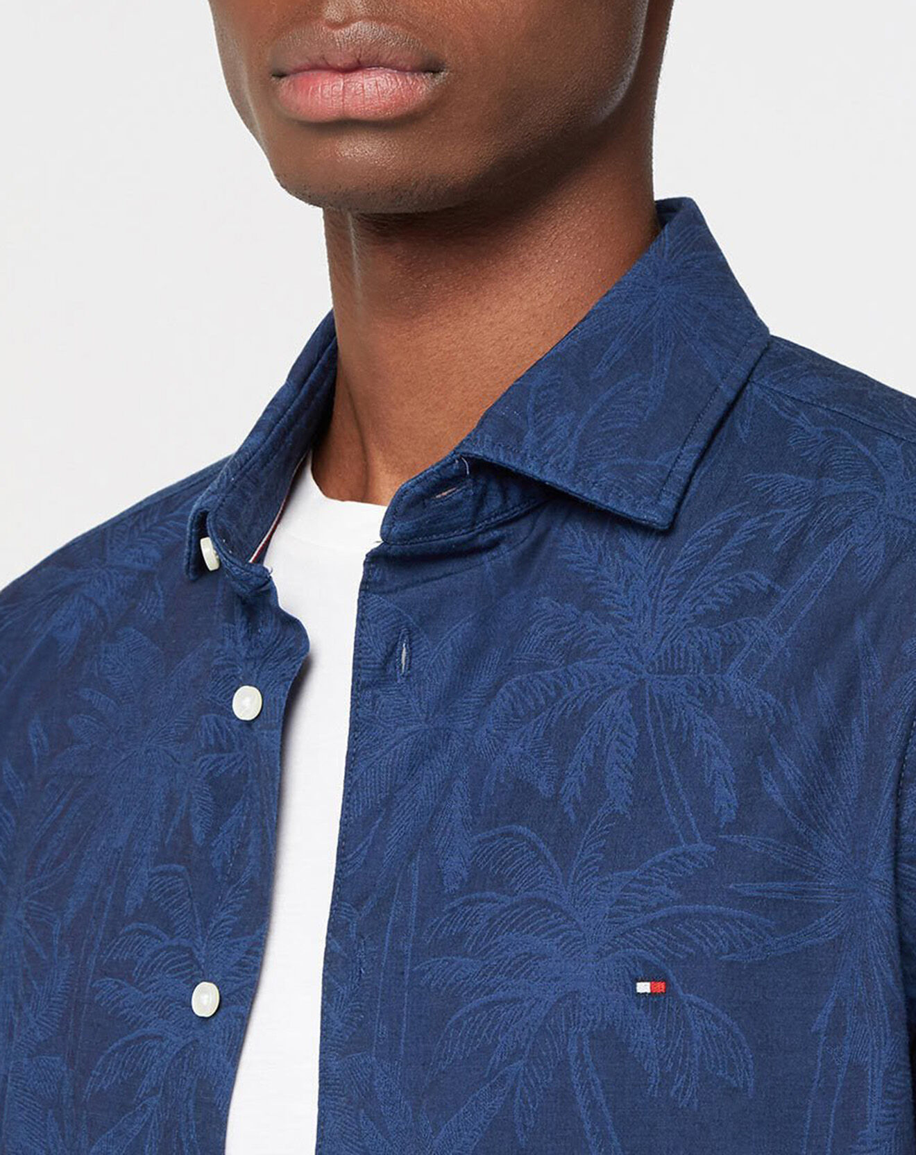Tommy Hilfiger Chemise Slim en Coton Bio mélangé Flex Jacquard Palmtree bleue