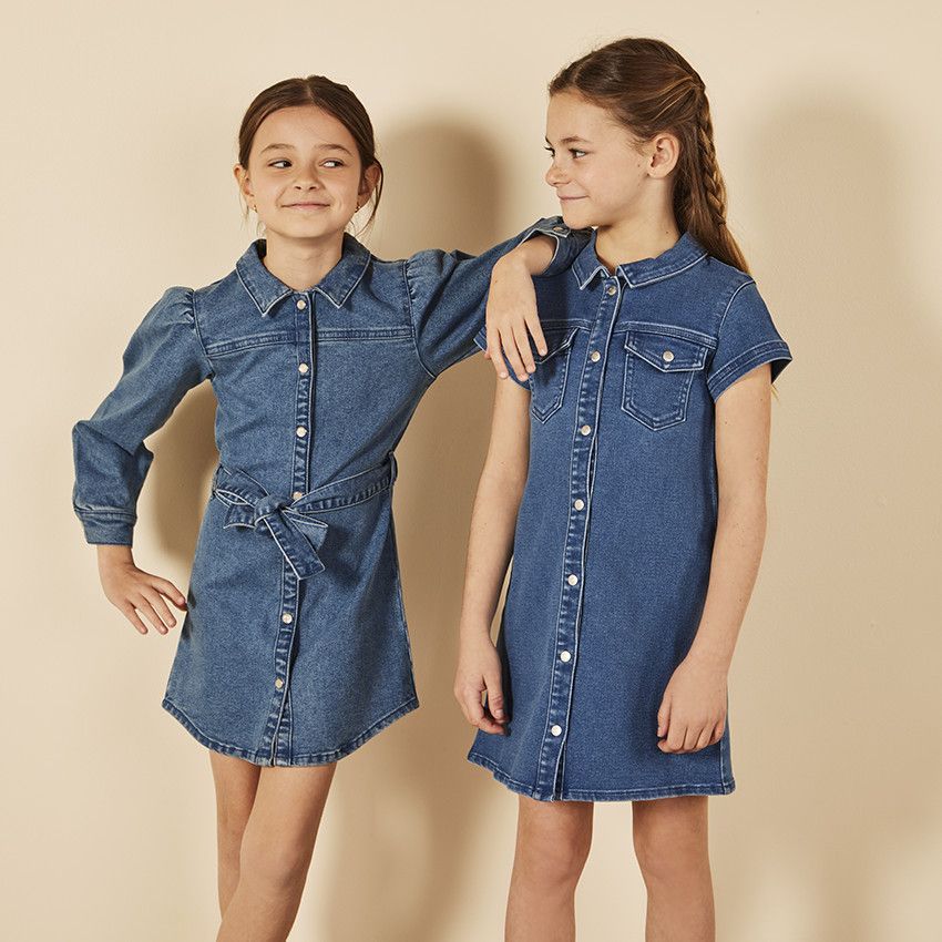 Robe chemise manches courtes effet jean pour fille - Bleu