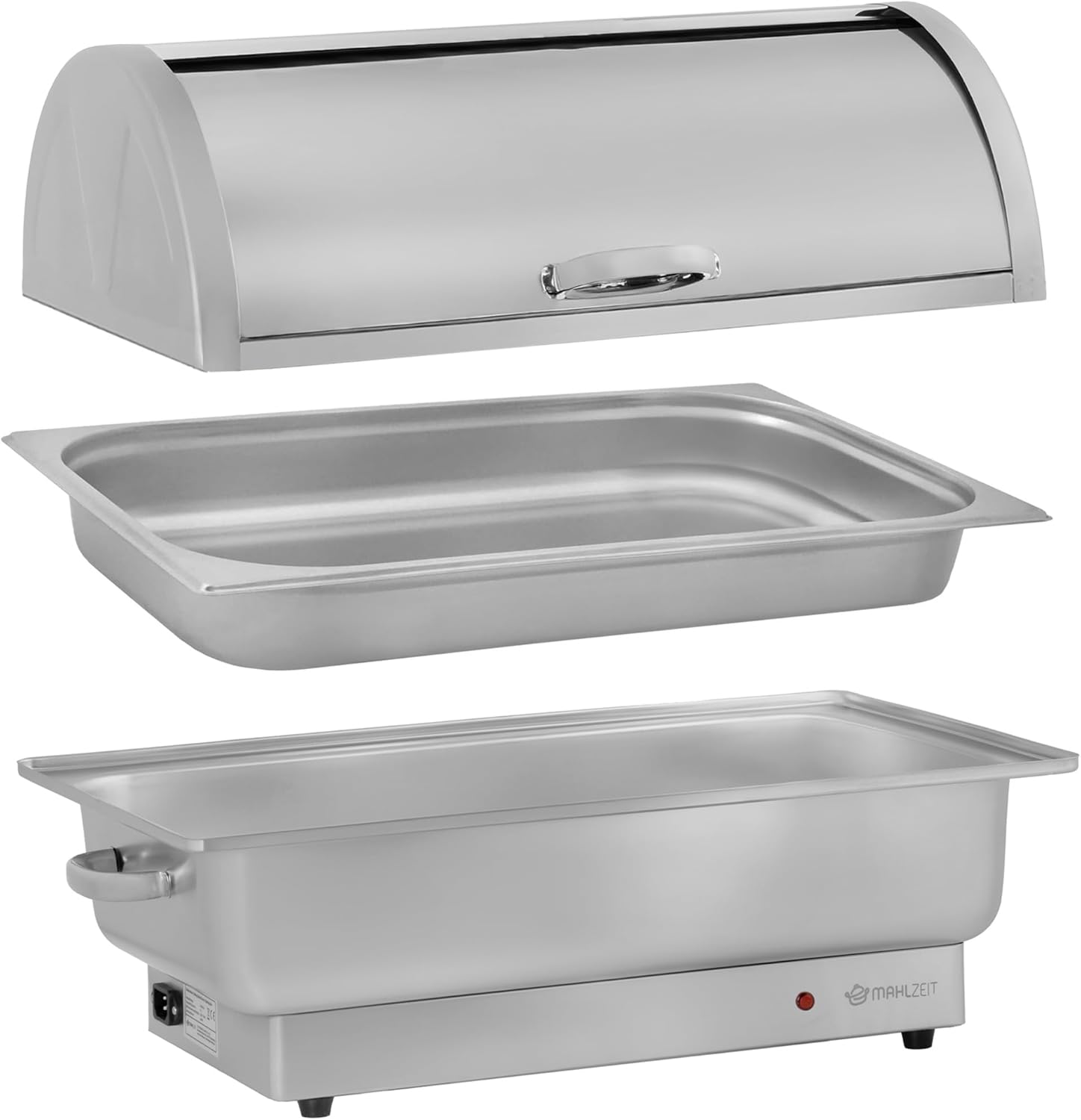 Mahlzeit elektrischer Edelstahl Chafing Dish mit GN 1/1 | 9 Liter | bis 80°C | Speisenwärmer mit Rolltop, Buffetwärmer | Warmhaltebehälter Essen, Wärmebecken elektrisch für Buffet und Catering