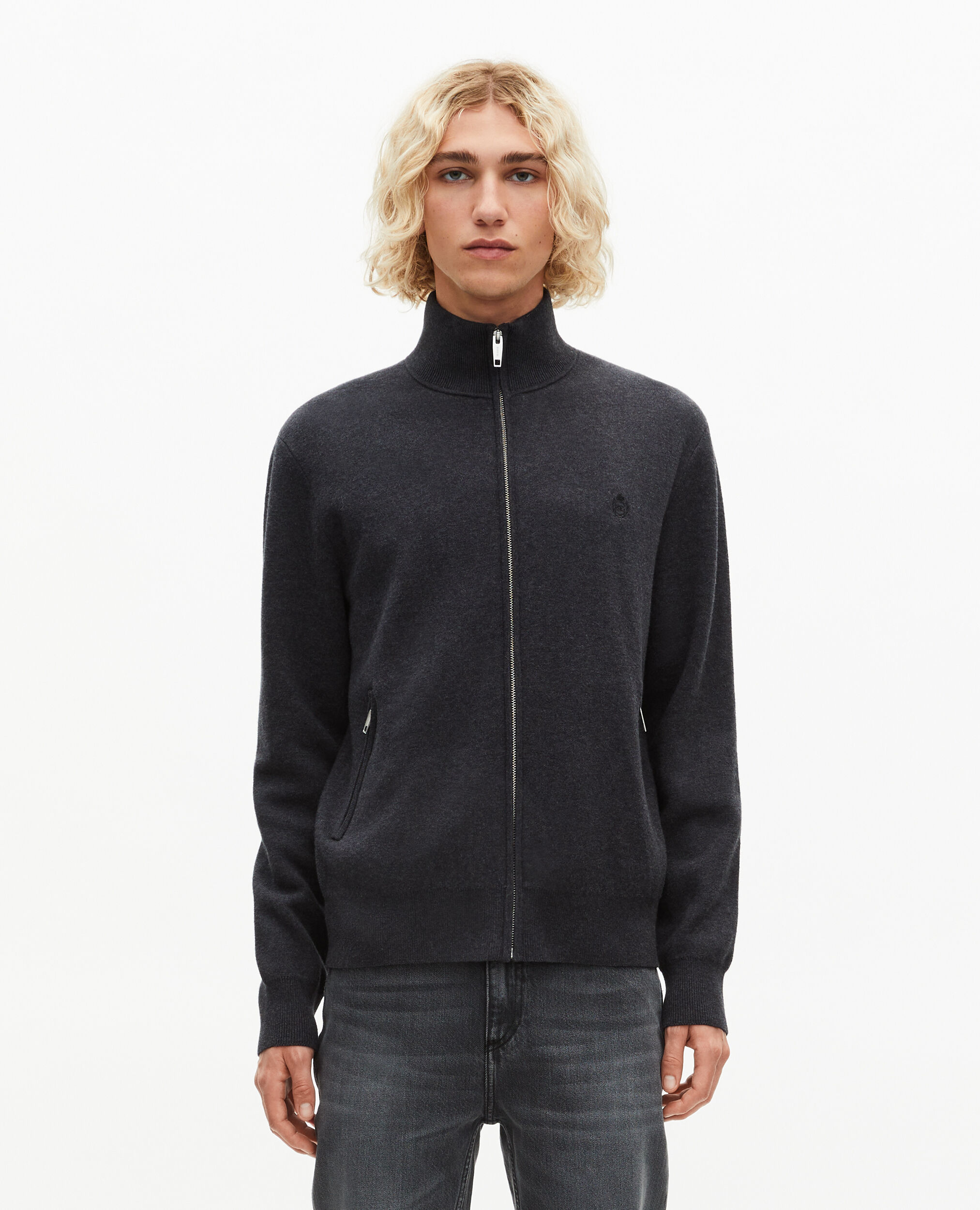 Cardigan en laine double face à zip gris