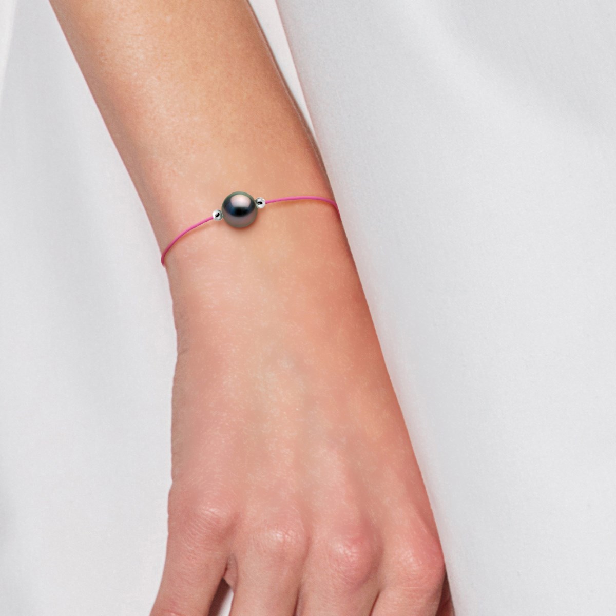 Bracelet LOVE LINK Perle de Tahiti Ronde 8-9 mm Nylon Rose Argent 925