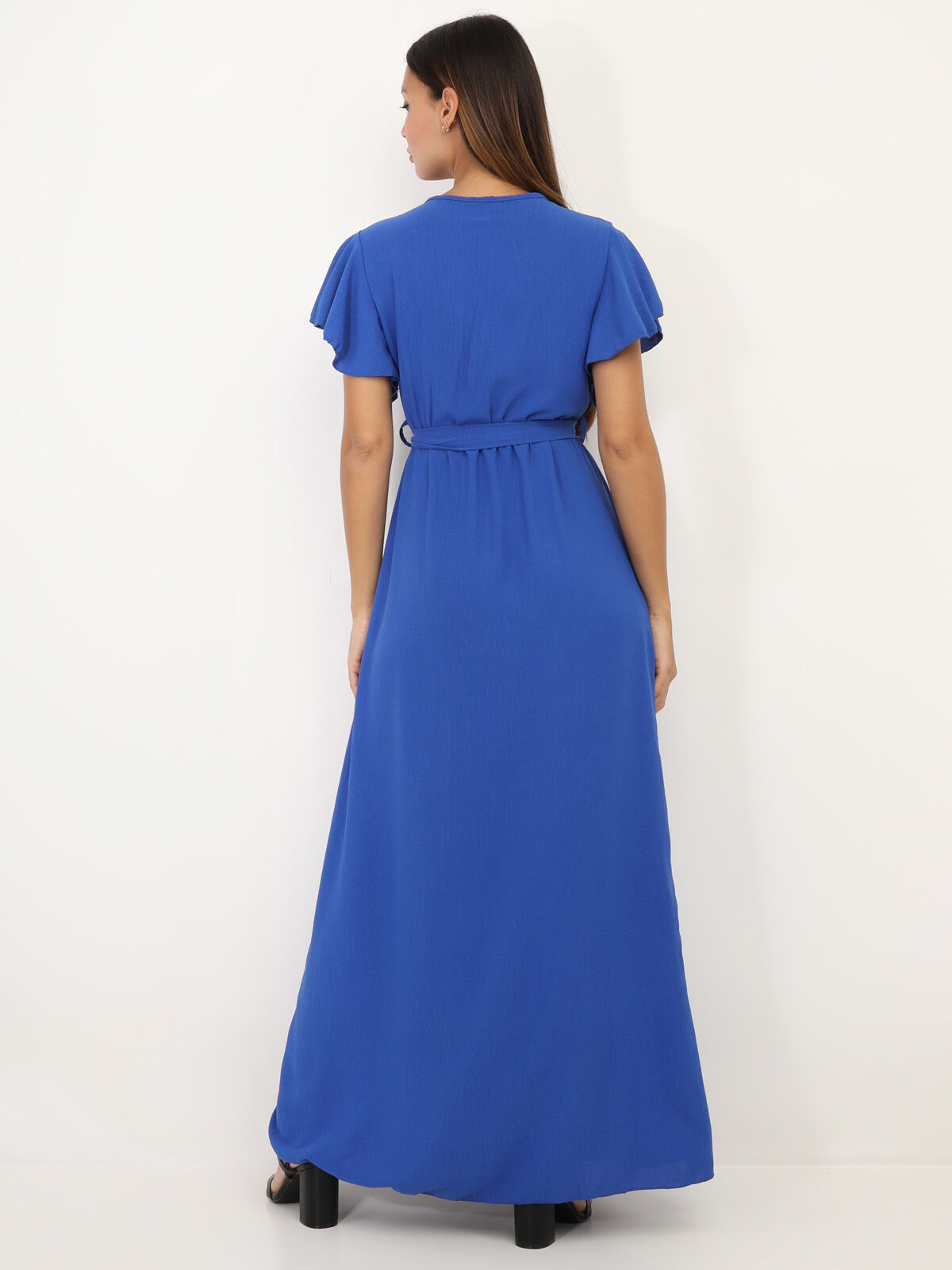 Robe longue fendue à col cache coeur- Bleu