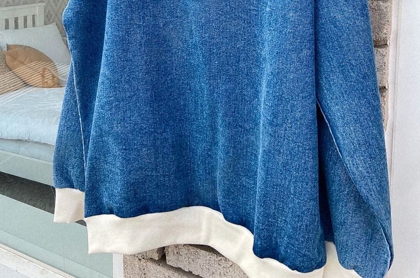 SeoulPop - Losse denim pullover met lange mouwen en berenprint