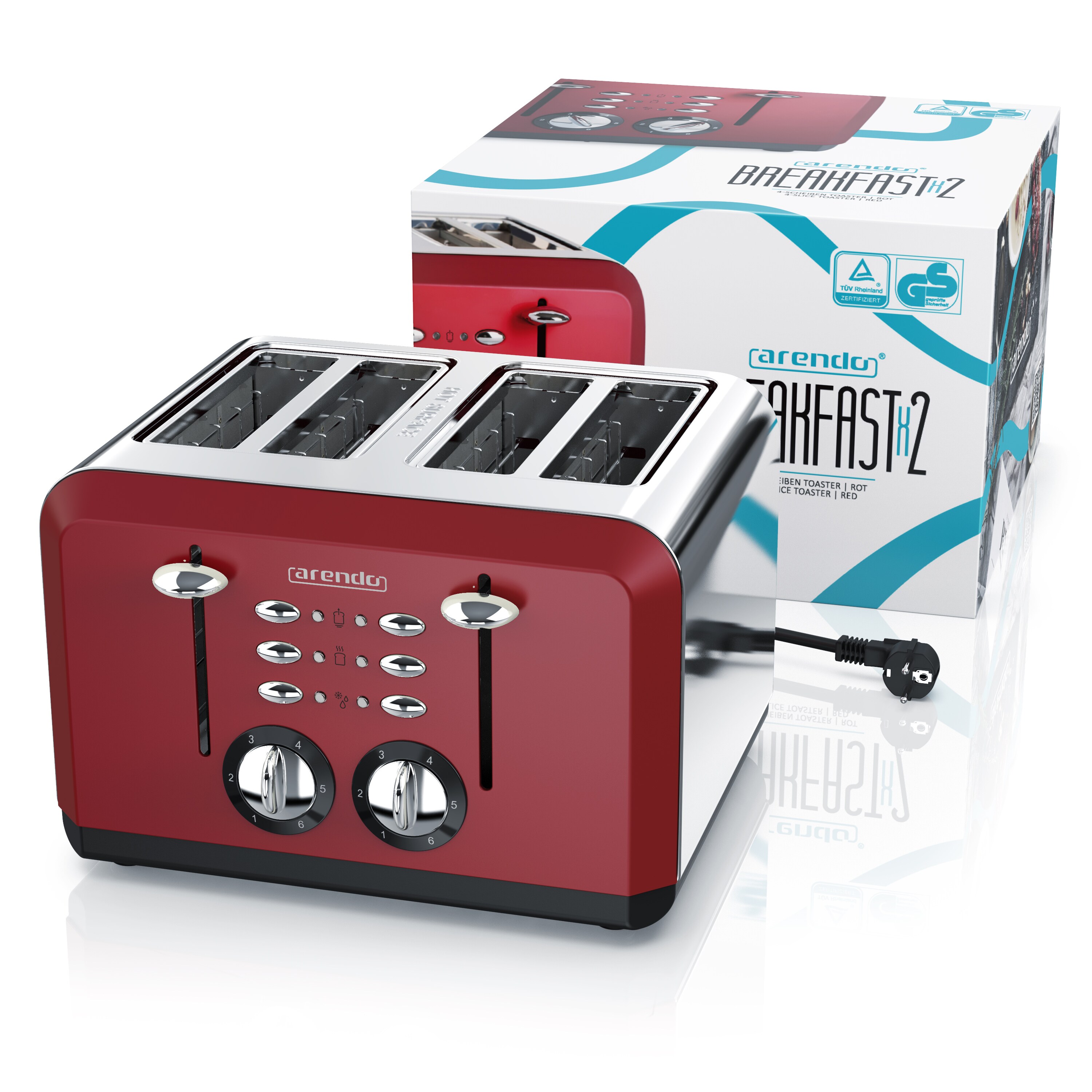 Arendo Toaster 4-Schlitz im Edelstahlgehäuse für 4 Scheiben, extrabreite Röstschlitze, leichte Reinigung, Rot