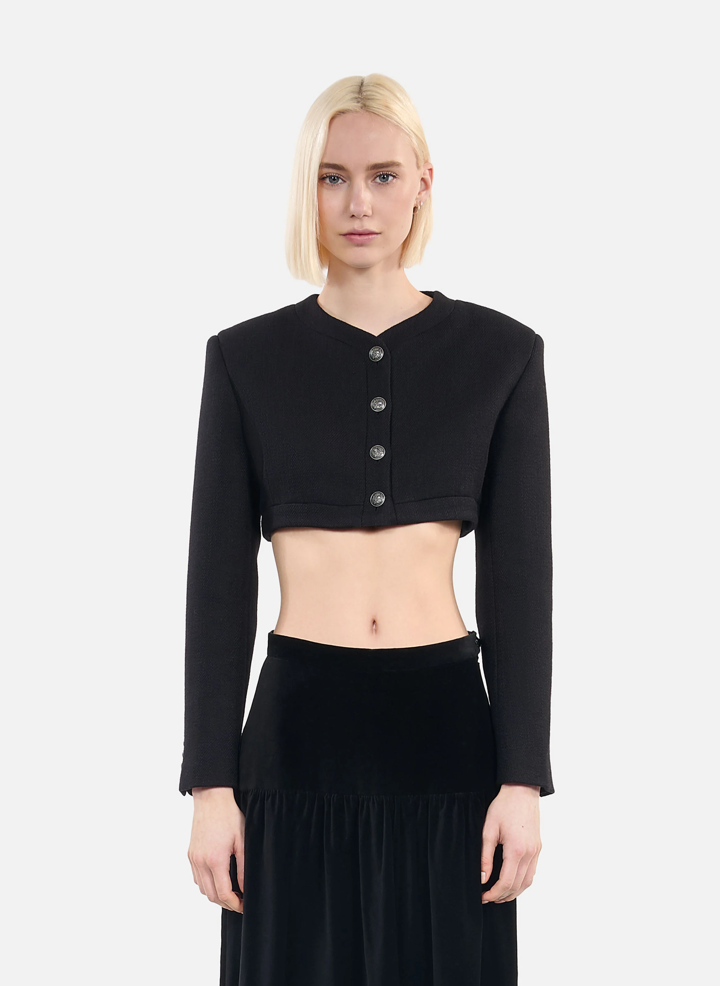 Veste col rond droite en laine et coton mélangé | Noir