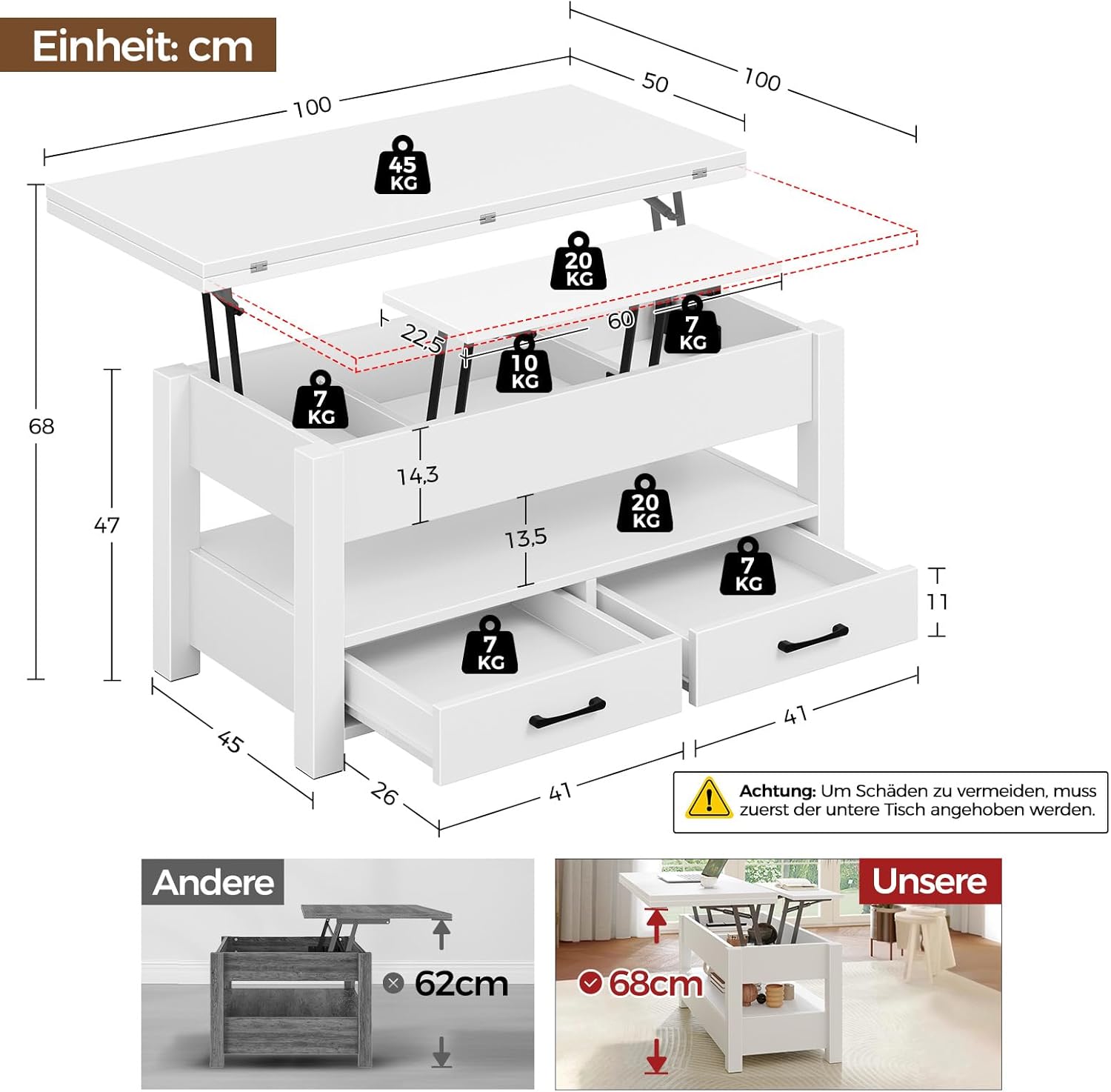 Rolanstar Höhenverstellbarer Couchtisch mit 2 Schubladen, 100 x 50 cm Wohnzimmertisch aus Holz,Platzsparend & Einfach Montiert für Schlafzimmer, weiß