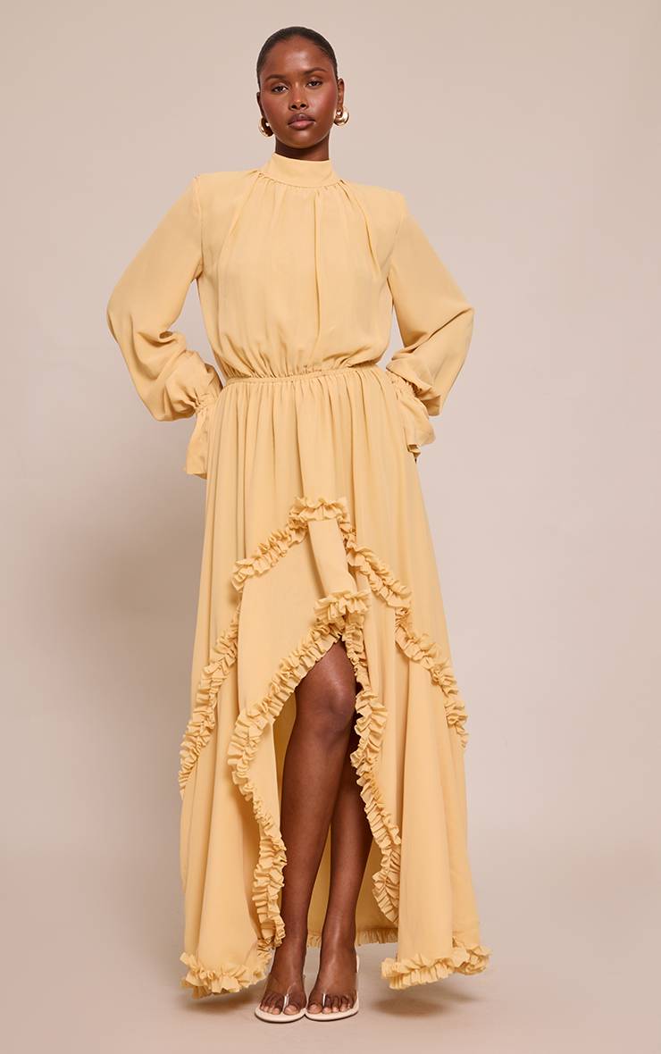 Moutarde Robe Longue En Mousseline À Col Montant Avec Détails À Volants
