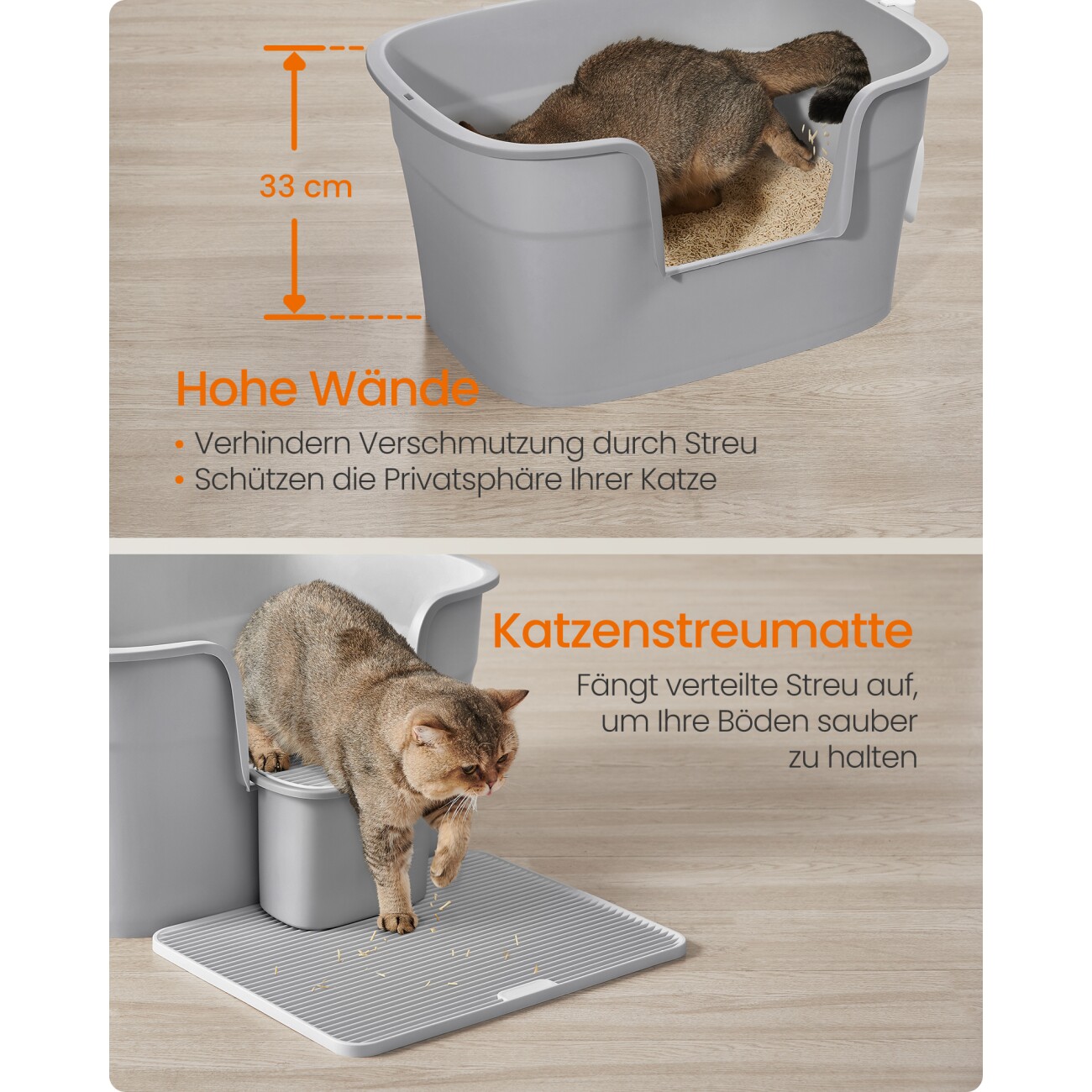 FEANDREA 2er Katzentoilette für große Katzen mit hohen Seitenwänden grau