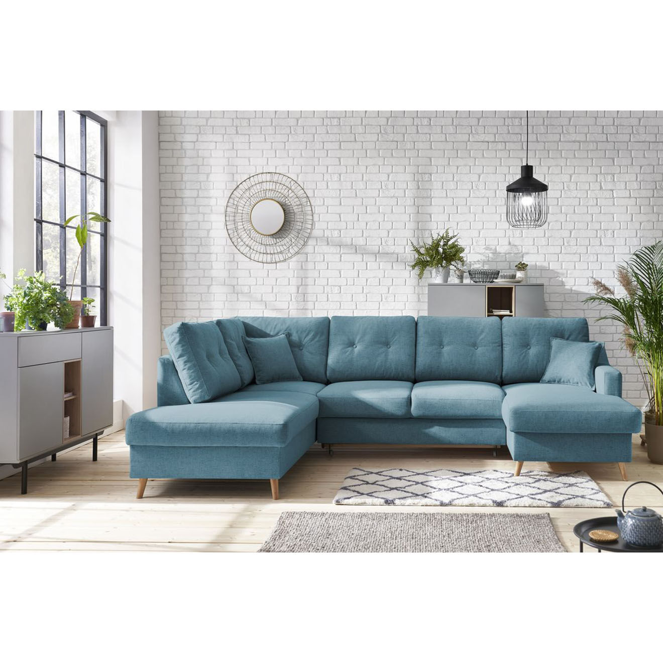 Bobochic Canapé d'angle panoramique convertible droit Sweden bleu clair - 300x149/90/198x95 cm