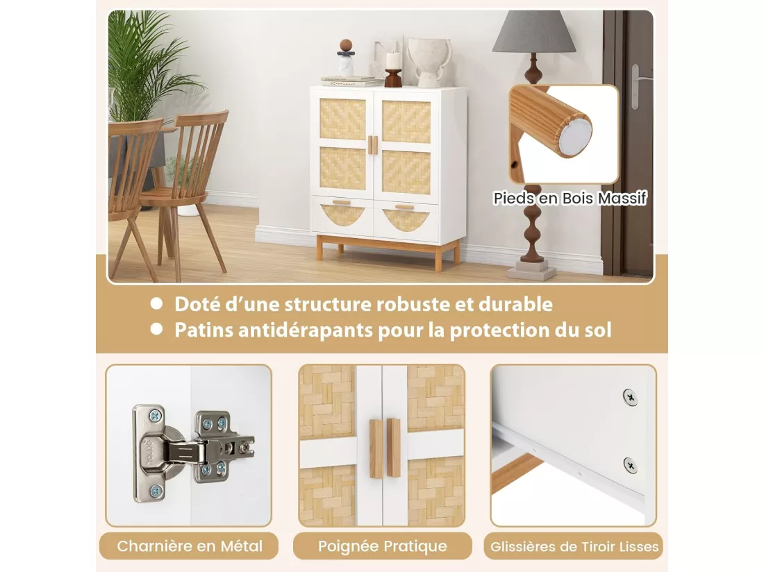 Buffet de Cuisine, Armoire Cuisine 2 Portes Tressées en Bambou, 2 Tiroirs, Étagère Réglable, Design Cannage, Kits Anti-Renversement, Vaisselier Armoire Cannage, Bohème, 80 x 35 x 98 cm