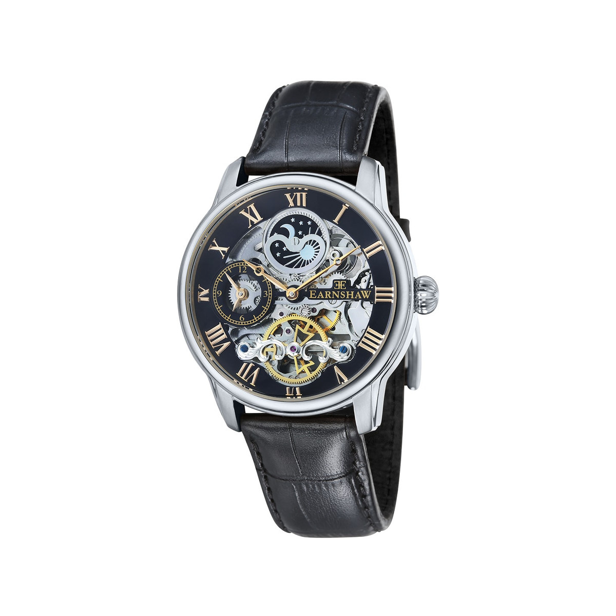 Montre EARNSHAW Longitude homme automatique acier bracelet cuir noir