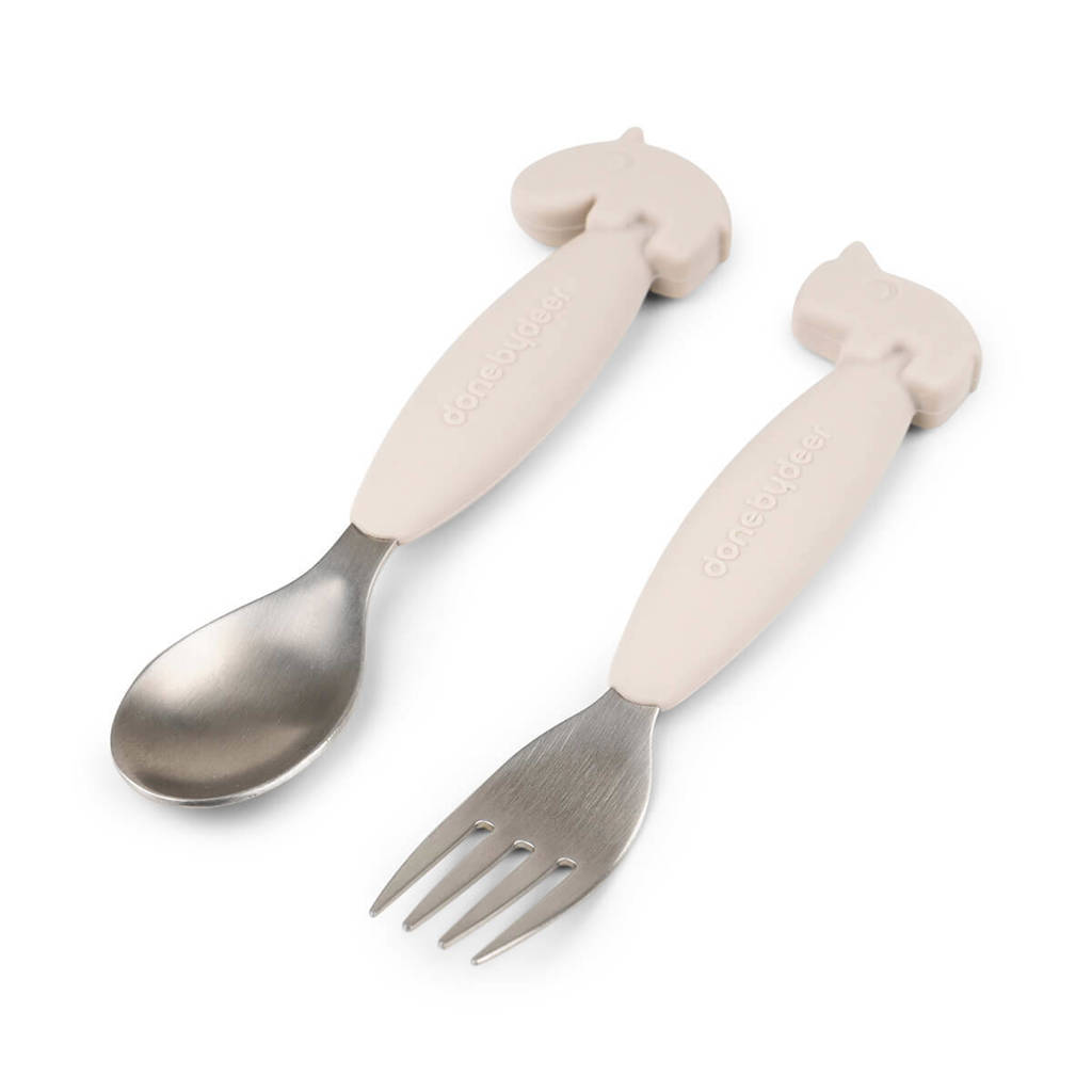Easy-grip spoon and fork set Deer friends Sand