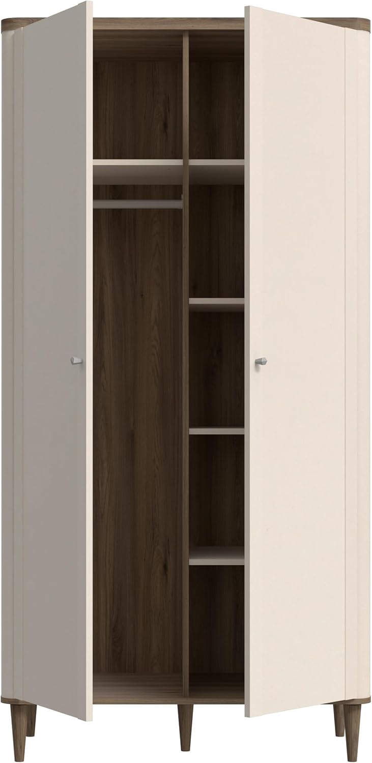 Forte LACETTI Kleiderschrank 100, moderner Schrank mit Skandi Lamellen Design, 2-türig, Schlafzimmer, Kaschmir | Beige mit Valencia Eiche Holzdekor, 100,1 cm breit x 200,5 cm hoch x 52,7 cm tief