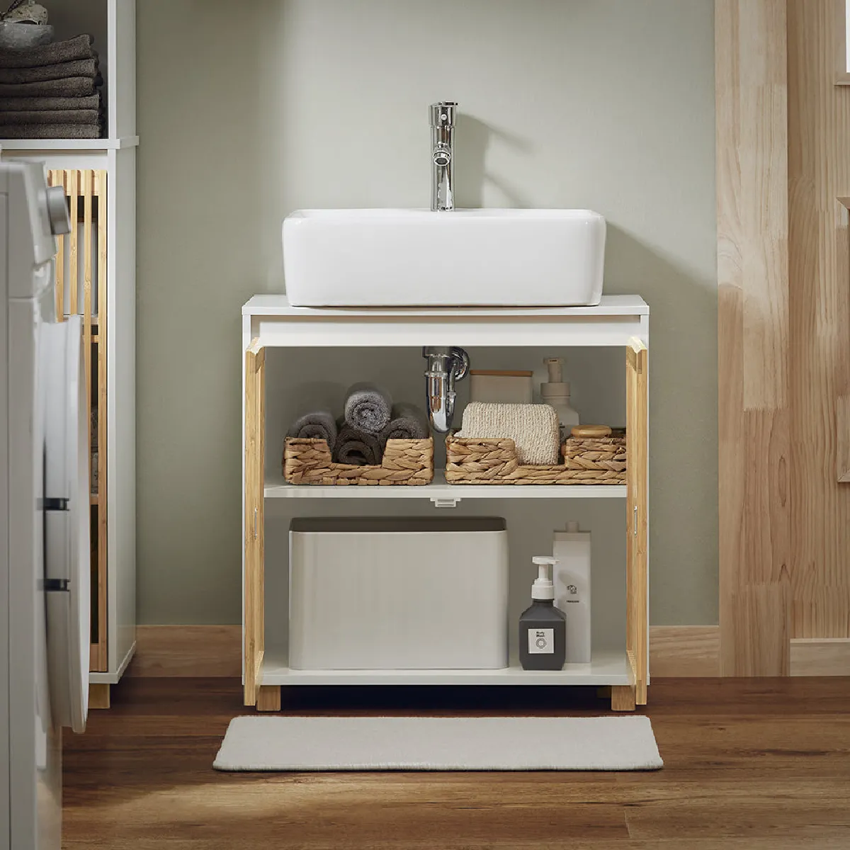 SoBuy BZR125-W Meuble sous Lavabo bambou blanc
