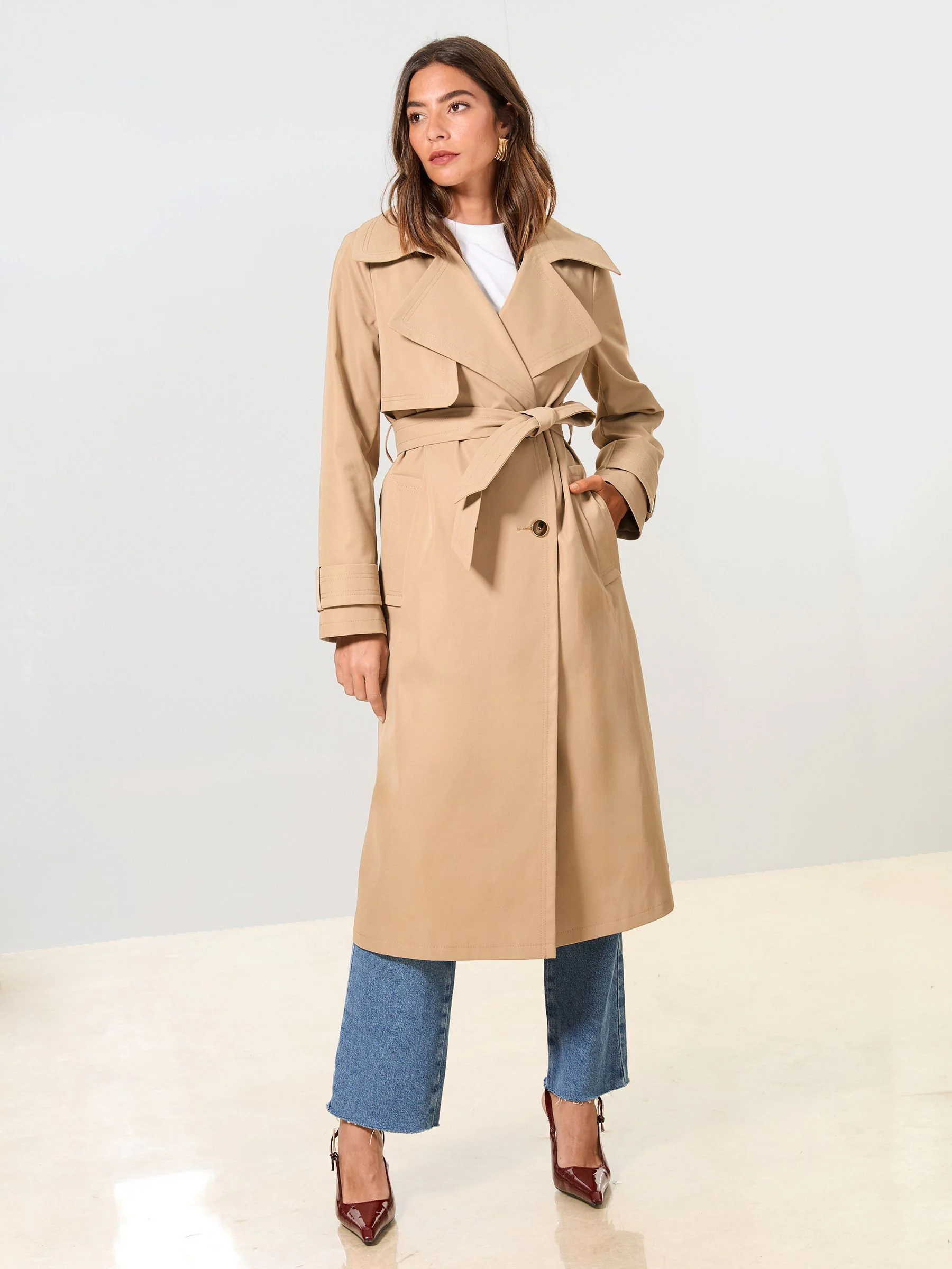 Regenbestendige camel - Lipsy Ruimvallende Lange Trenchcoat