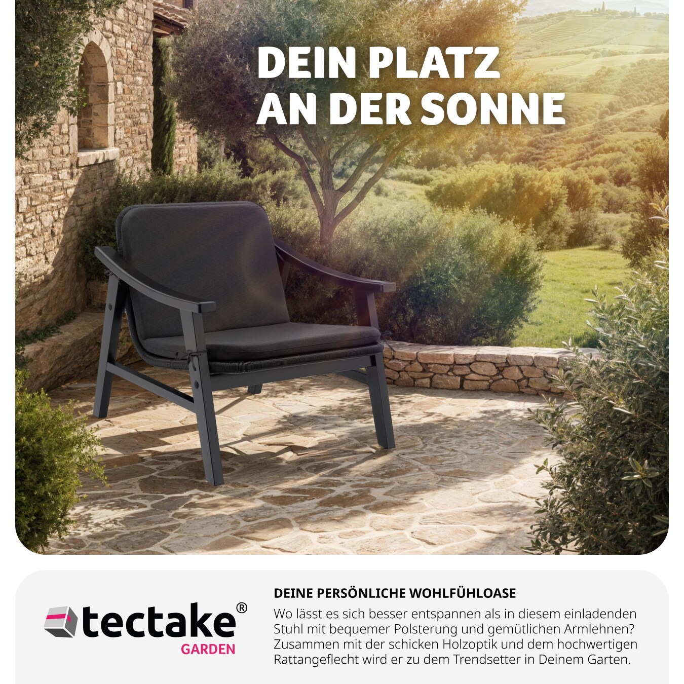 tectake® Rattan Stuhl, mit lackiertem Holzgestell, höhenverstellbare Füße, 69 x 76 x 69,5 cm