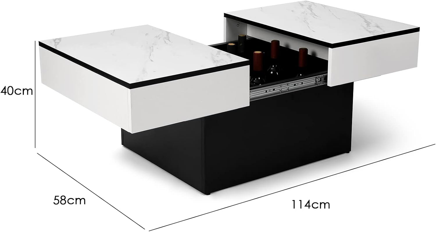 VOWNER Couchtisch, Moderner Couchtisch, Ausziehbarer Schreibtisch, Wohnzimmertisch mit 2 Stauräume, Hochglanz-Finish, 114 x 58 x 40 cm Wohnzimmer Tisch (Weiß Marmorierung)