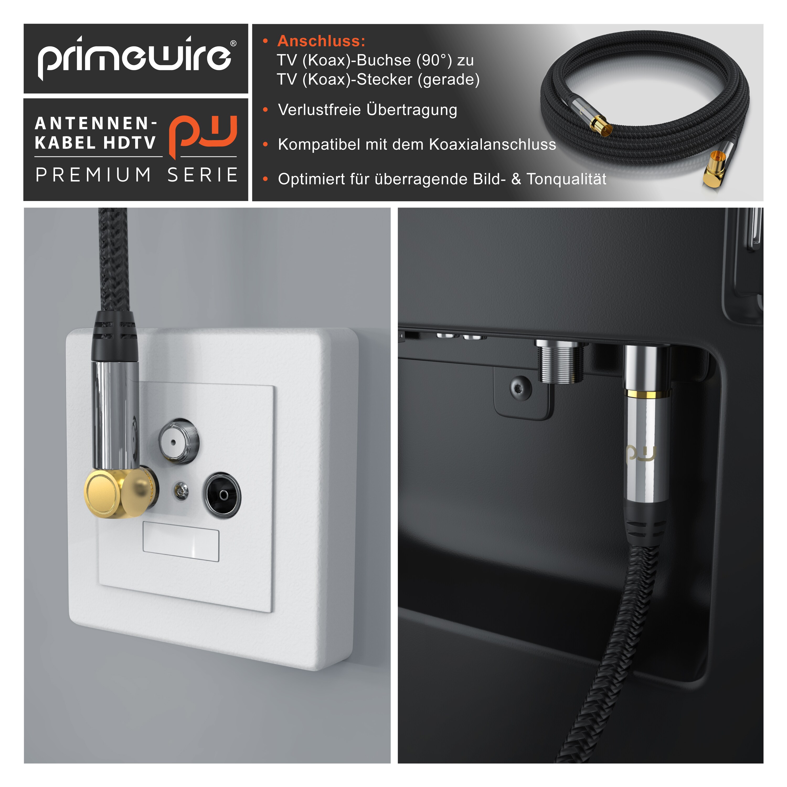 Primewire Antennenkabel gewinkelt mit Braiding - Koaxialkabel - Koax Kupplung 90° Winkel zu Stecker gerade - HDTV 75 Ohm - 2 m