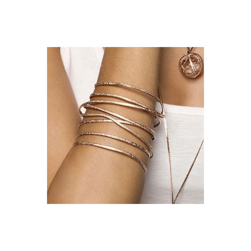 Bracelet rigide en plaqué argent métallique fait main avec 8 rangées de fil martelé - Bijou de créateur