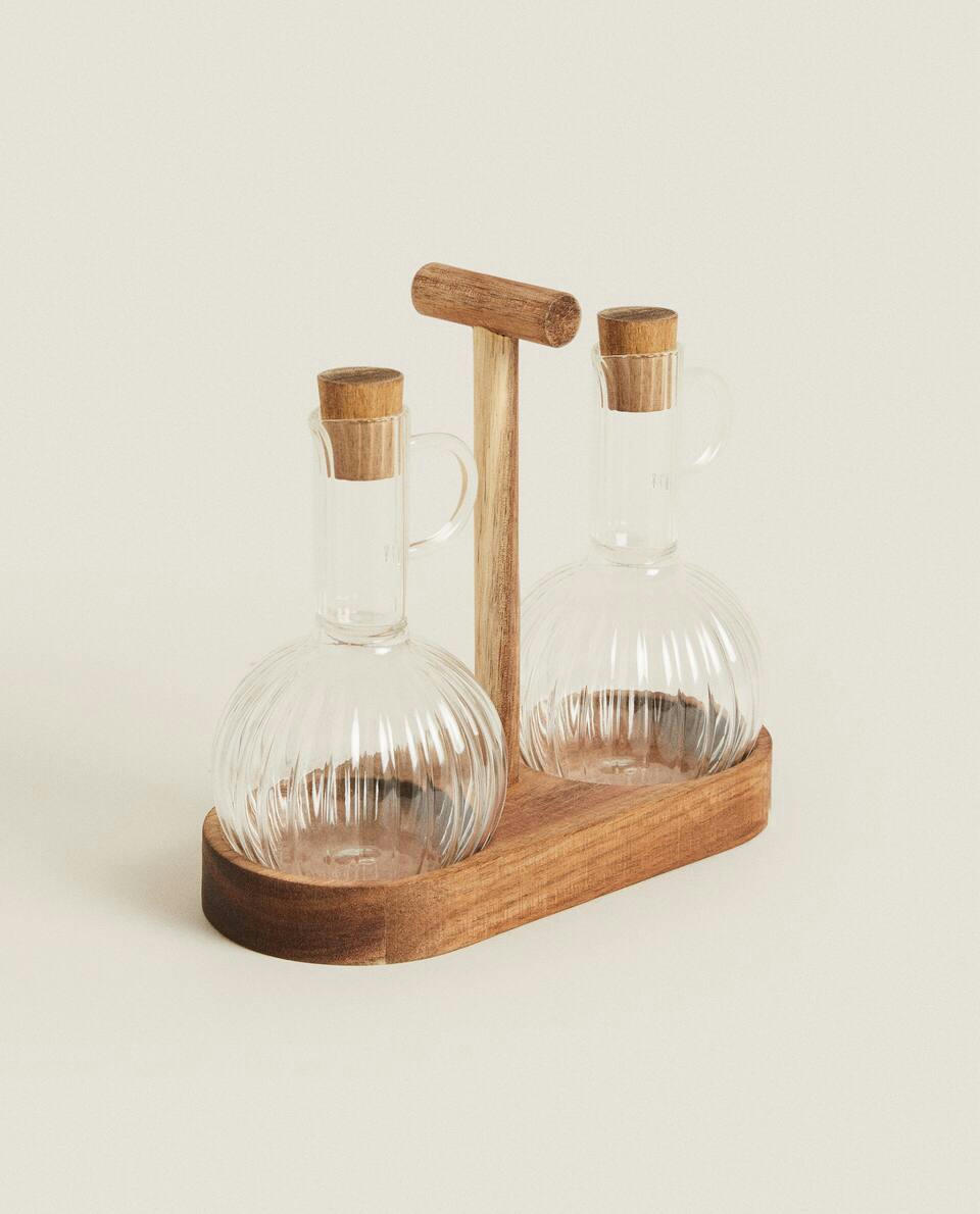 Conjunto de galheteiros em vidro bososilicato e madeira