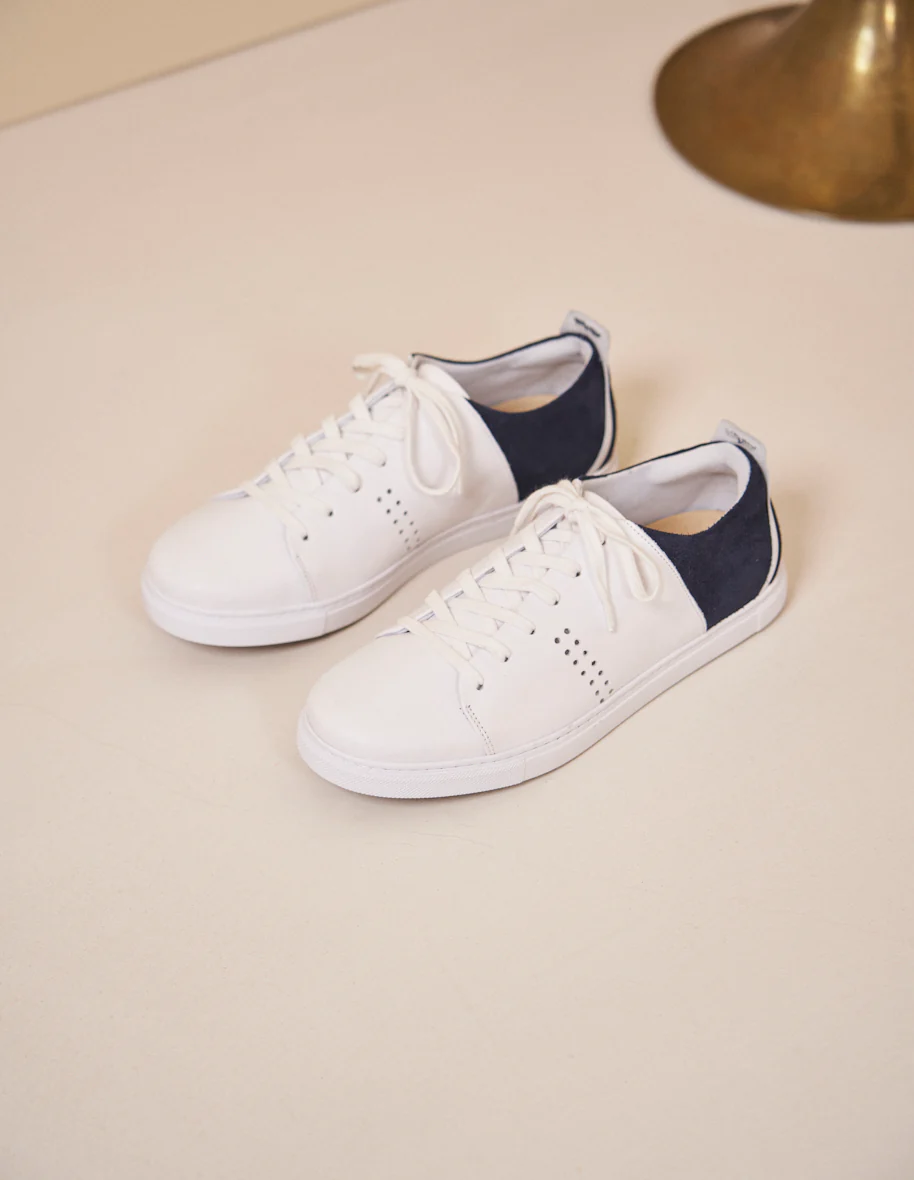 Baskets basses René - Cuir Blanc et suède marine