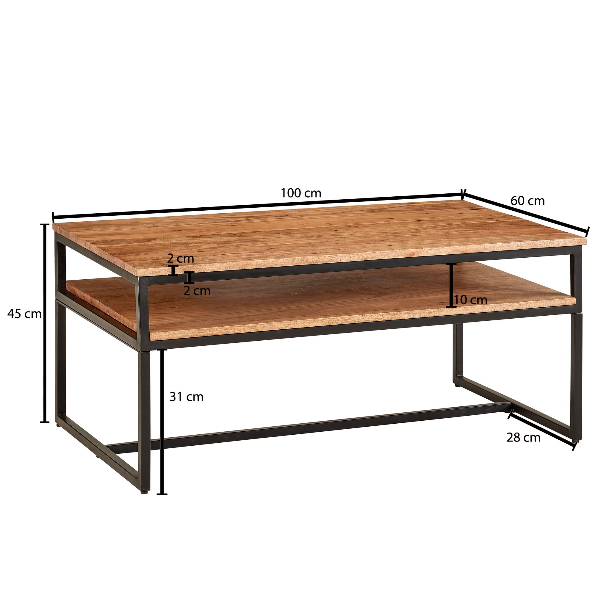 KADIMA DESIGN Vintage Industrial Couchtisch aus Akazieholz und Eisen, 2 Ablagen, 15 kg Belastbarkeit