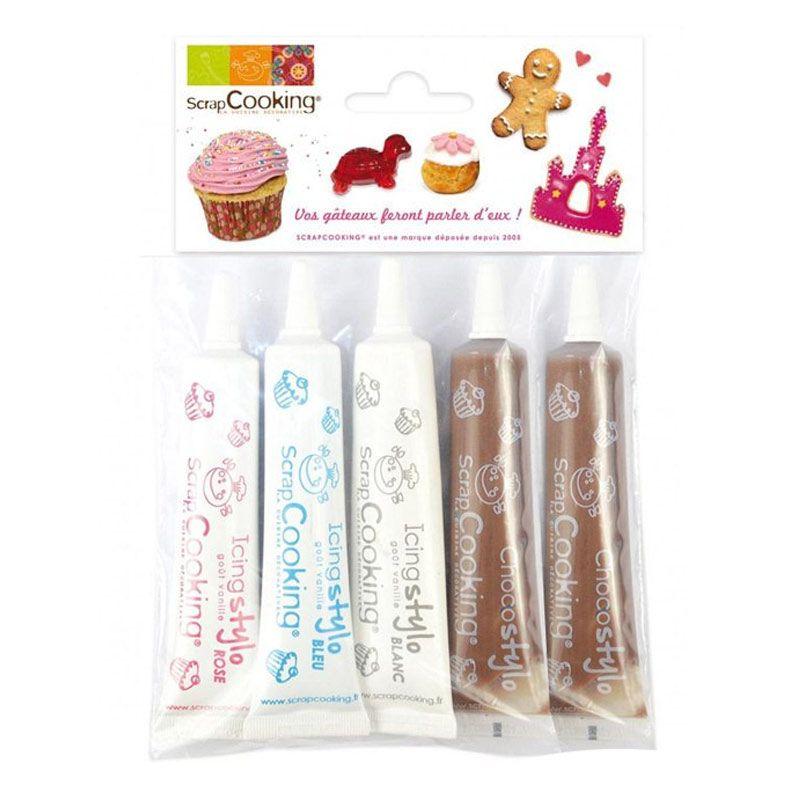 Stylos de glaçage blanc, rose, bleu + 2 stylos chocolat Scrapcooking