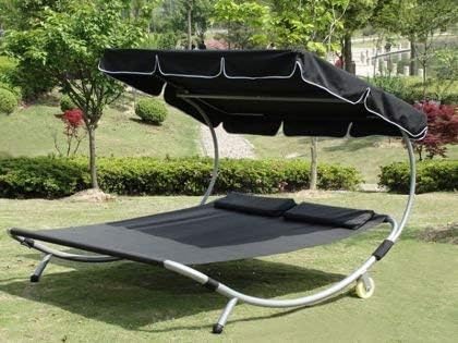 Sonnenliege Doppelliege mit Dach für 2-Personen Doppel Gartenliege mit Sonnendach für Garten oder Balkon ，200x195x145cm LW22-Schwarz