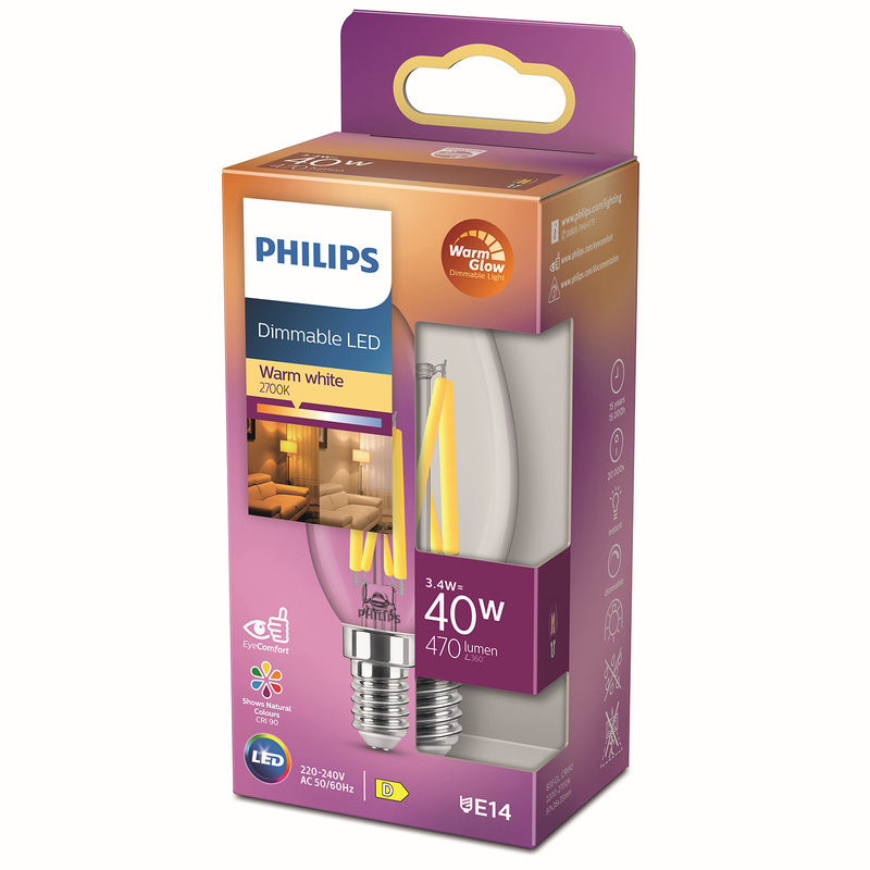 Philips LED lamp kaars transparant E14 3.4W 2200K-2700K Dimbaar