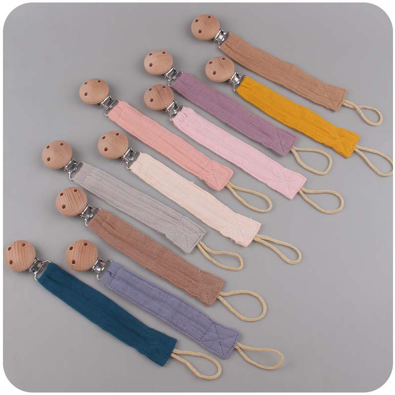 (23cm) Baby Nuggiband Stoff Schnullerkette mit Holz Clip - Grau