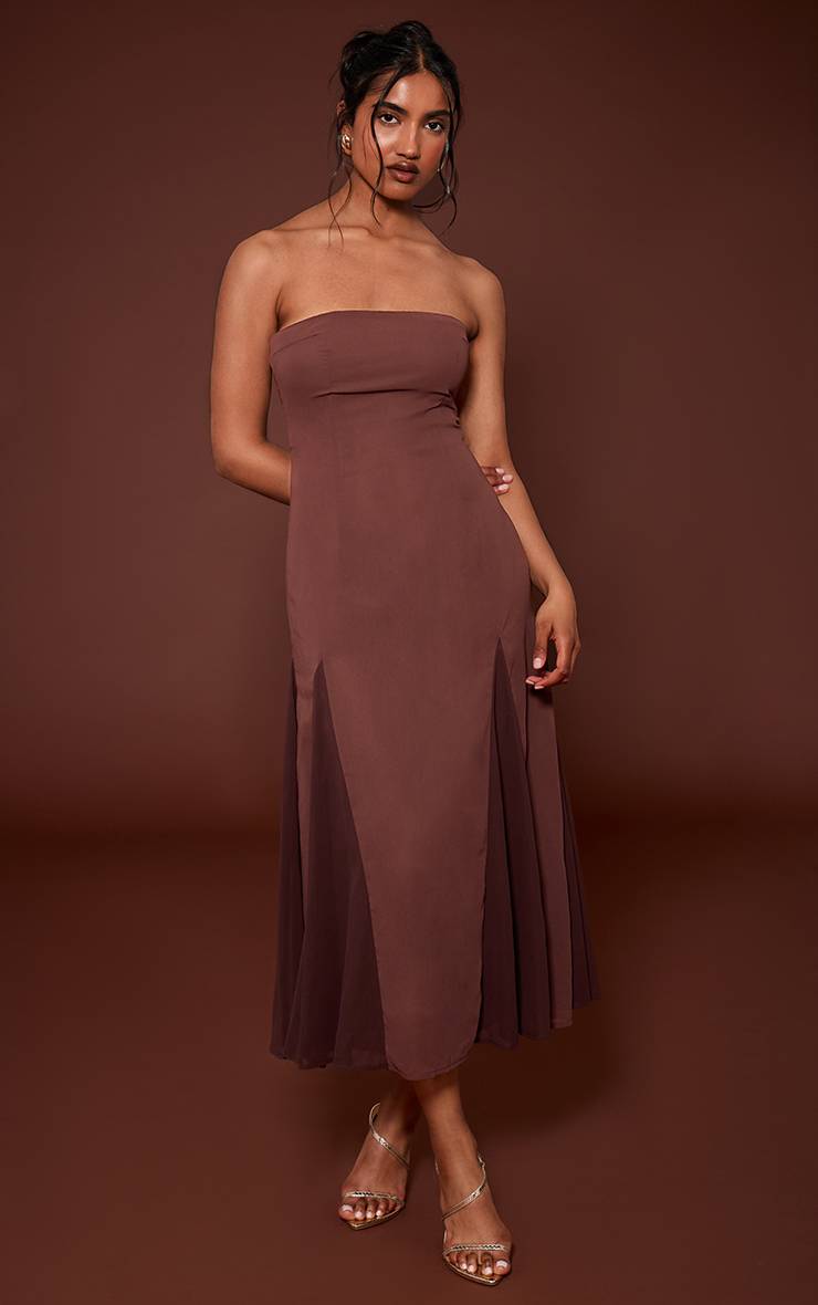 Marron Robe Mi-longue Bustier À Godets Chocolat