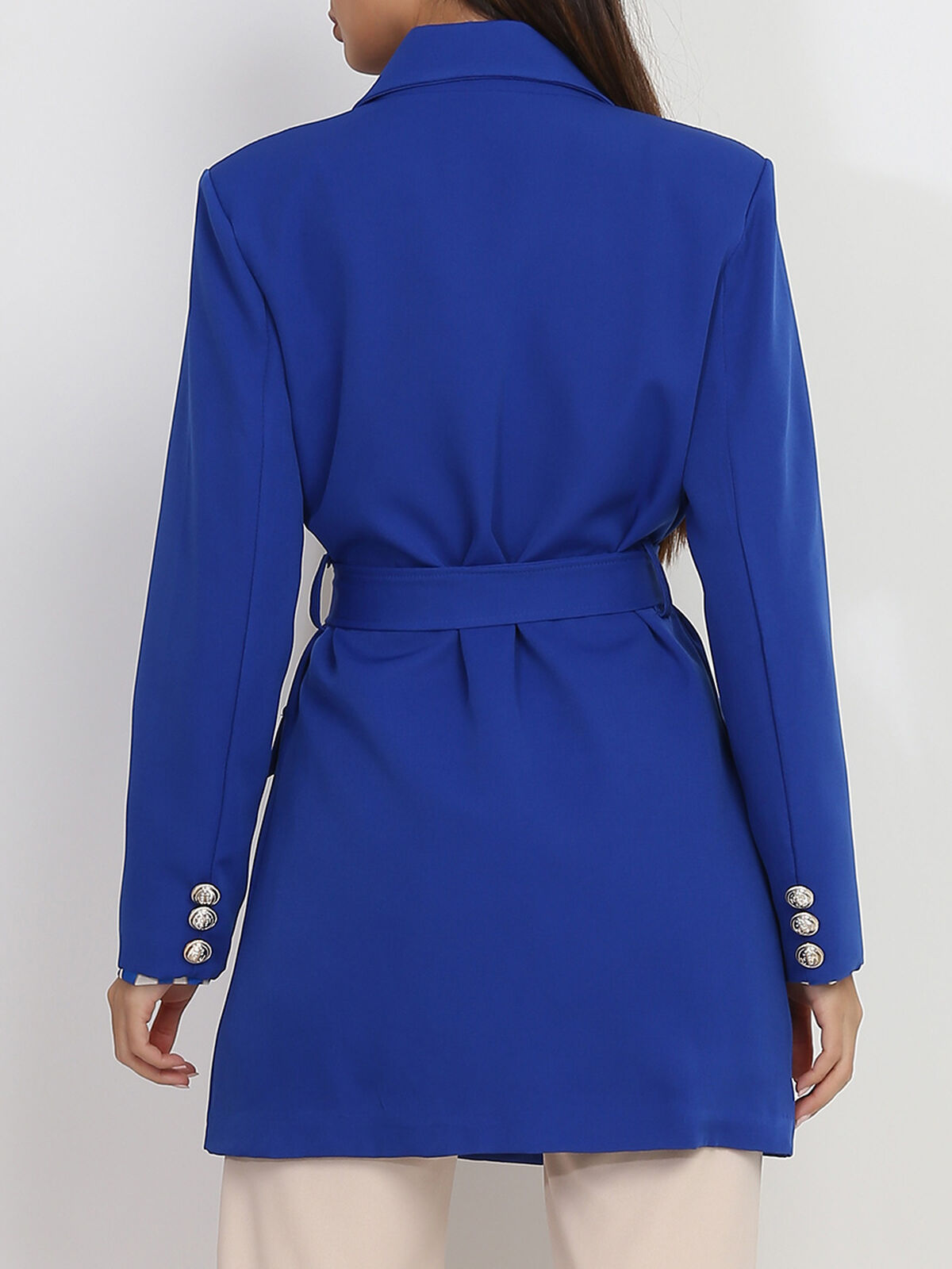Blazer long ceinturé à boutons officier- Bleu