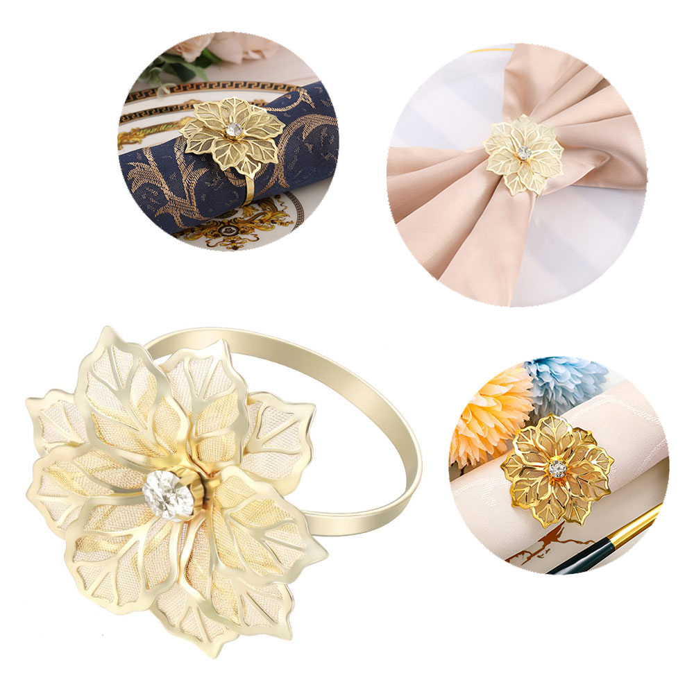(12er Set) Ø4cm Metall Serviettenring Tischdeko Strass Blumen Tuchhalterung - Gold