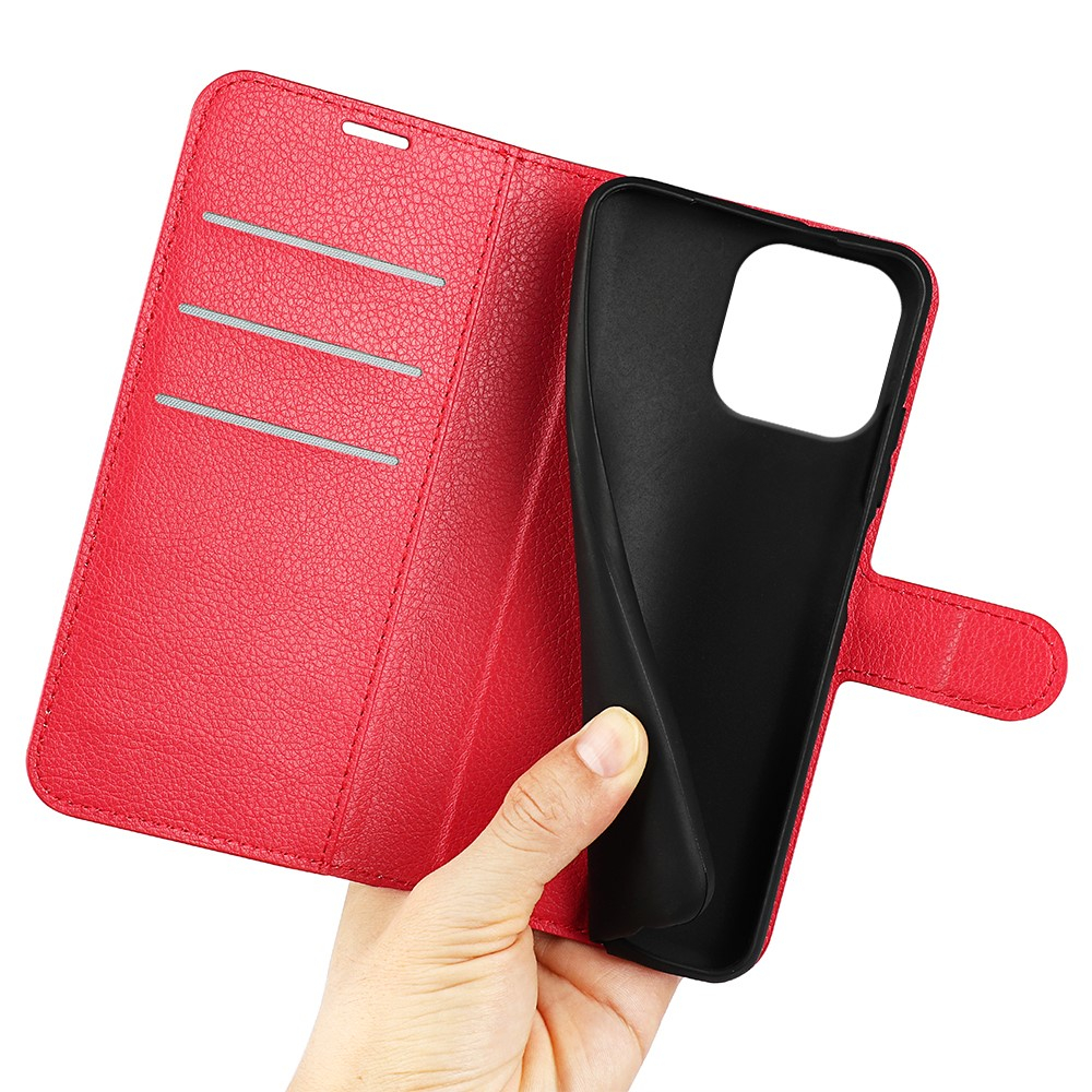 iPhone 16 Pro Leder Tasche Flip Cover Litchi Look - Rot