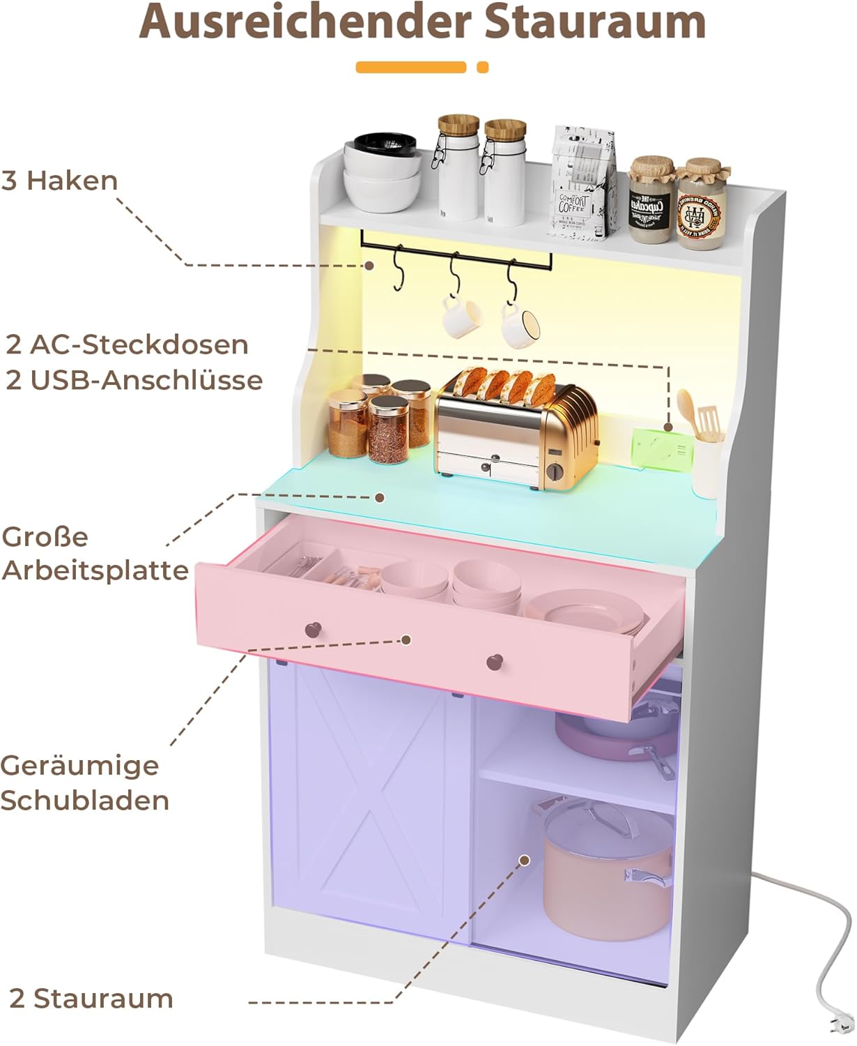 Küchenschrank, Sideboard mit LED, Steckdose, Große Schublade, Buffetschrank mit Arbeitsplatte, Verstellbaren Ablagen, 3 Hakens, Großer Stauraum, für Küche Wohnzimmer, Esszimmer, Weiß