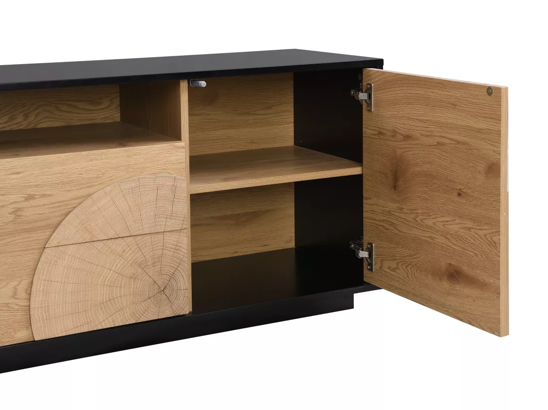 Meuble TV avec 2 portes, 2 tiroirs et 1 niche en MDF - Naturel et noir - YASMELIA